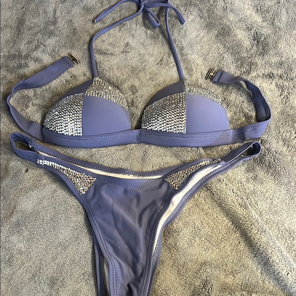 Purplish Grey Rinestone Bikini Set